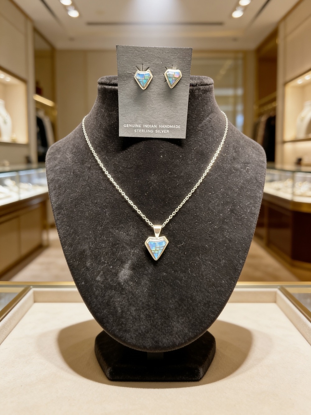 Sterling Silver Heart Opal Pendant & Stud Earrings - Blue
